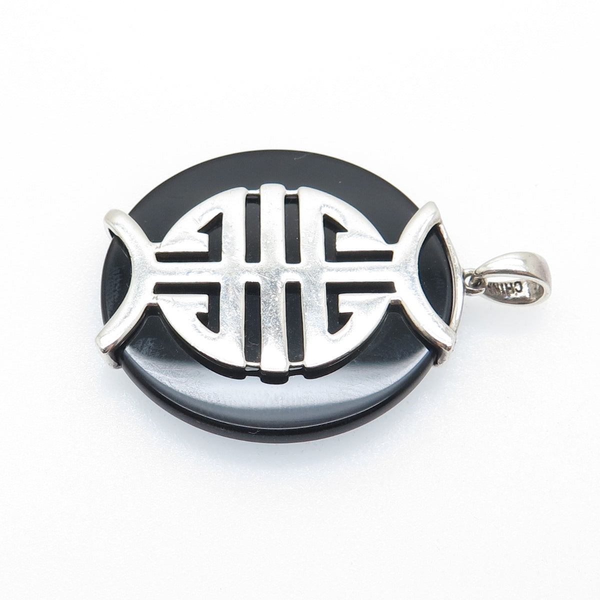 925 Sterling Silver Vintage Real Black Onyx Chinese Character Good Luck Pendant
