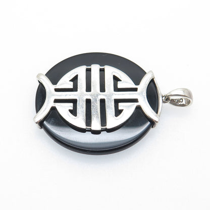 925 Sterling Silver Vintage Real Black Onyx Chinese Character Good Luck Pendant