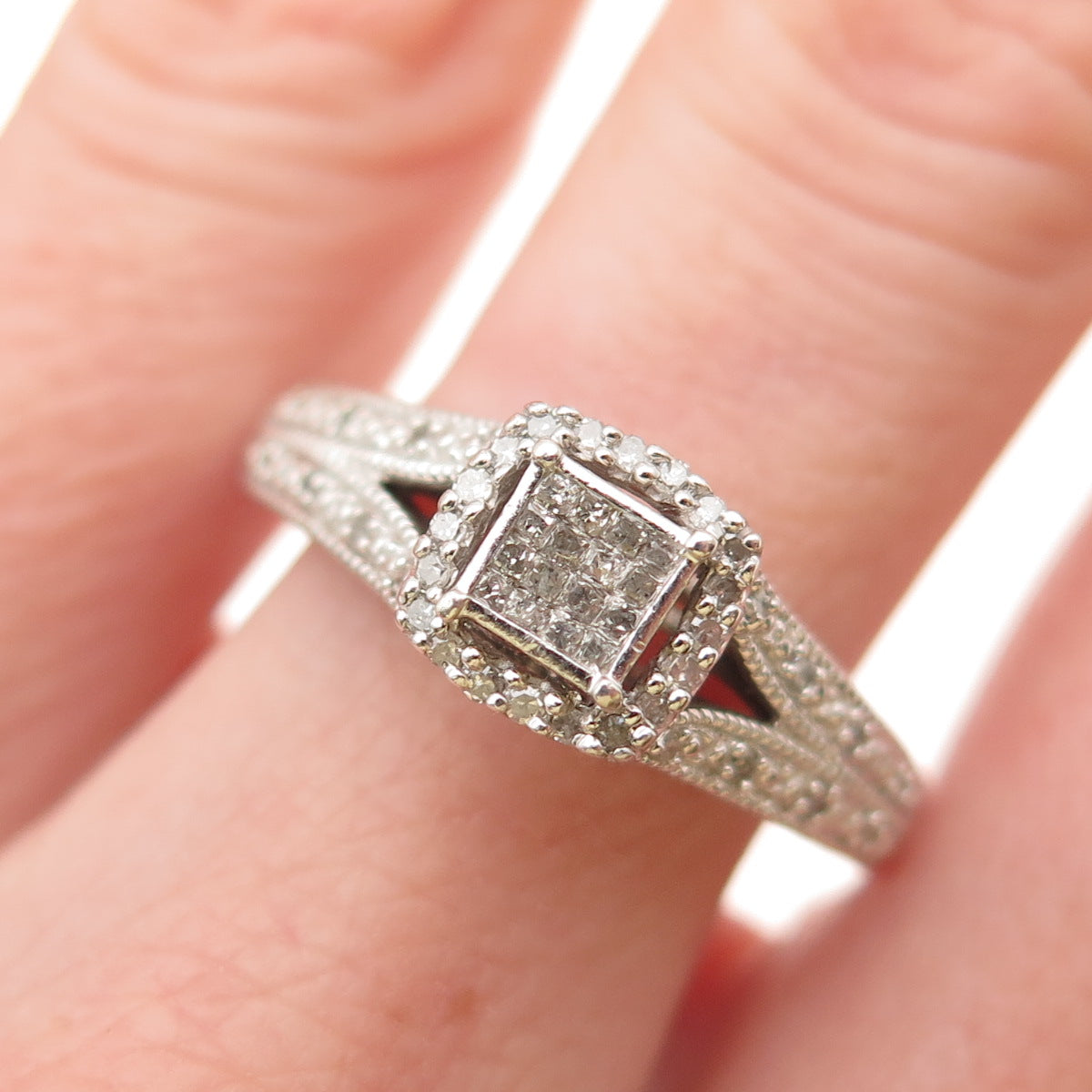 925 Sterling Silver Real Princess & Round-Cut Diamond Engagement Ring Size 9.25