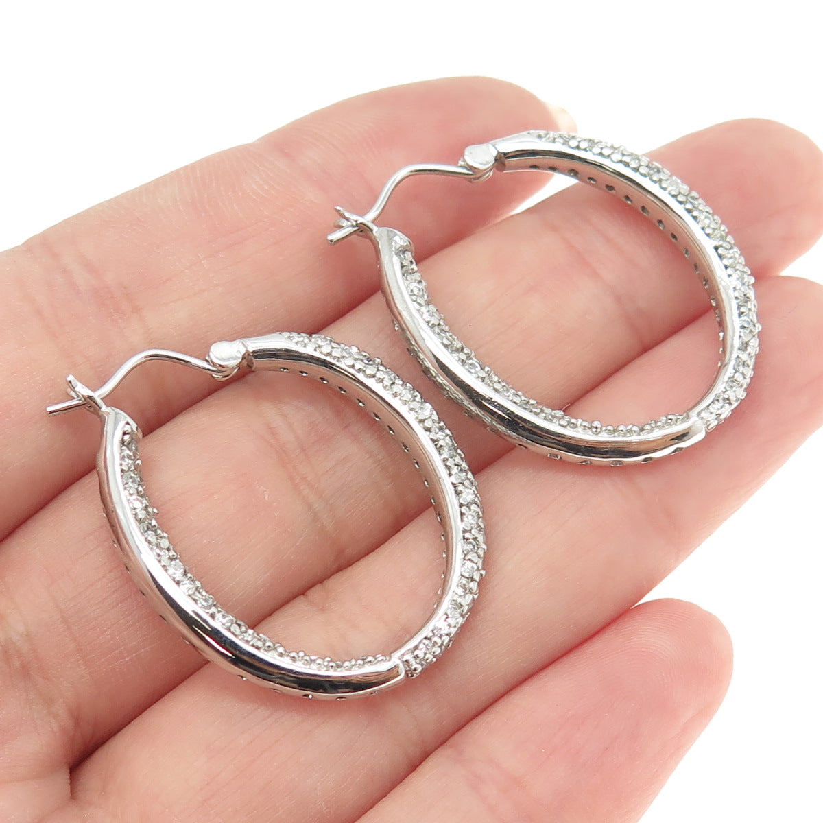 925 Sterling Silver Round-Cut C Z In & Out Oval Hoop Earrings