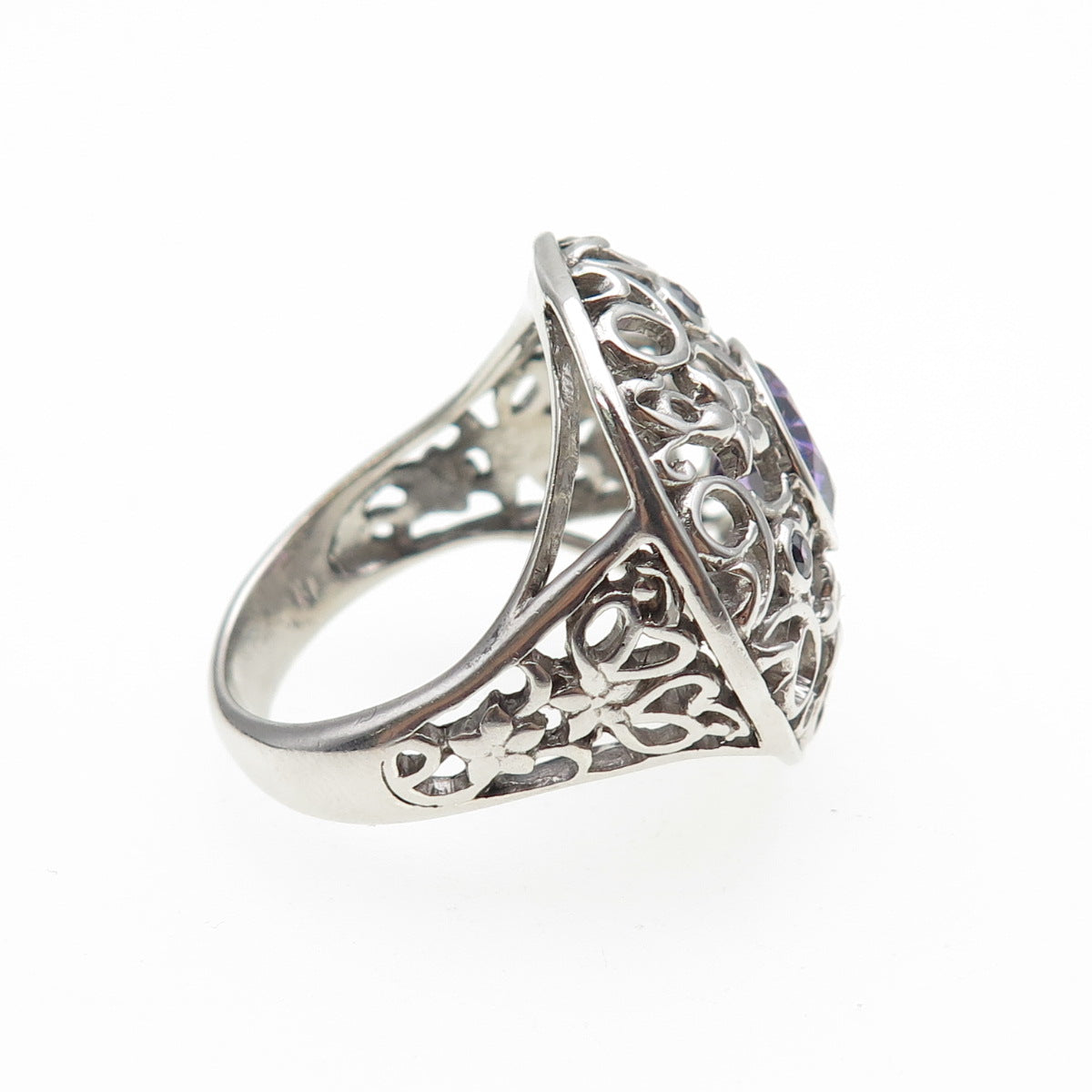 925 Sterling Silver Real Round-Cut Amethyst Ornate Flower Ring Size 8.25