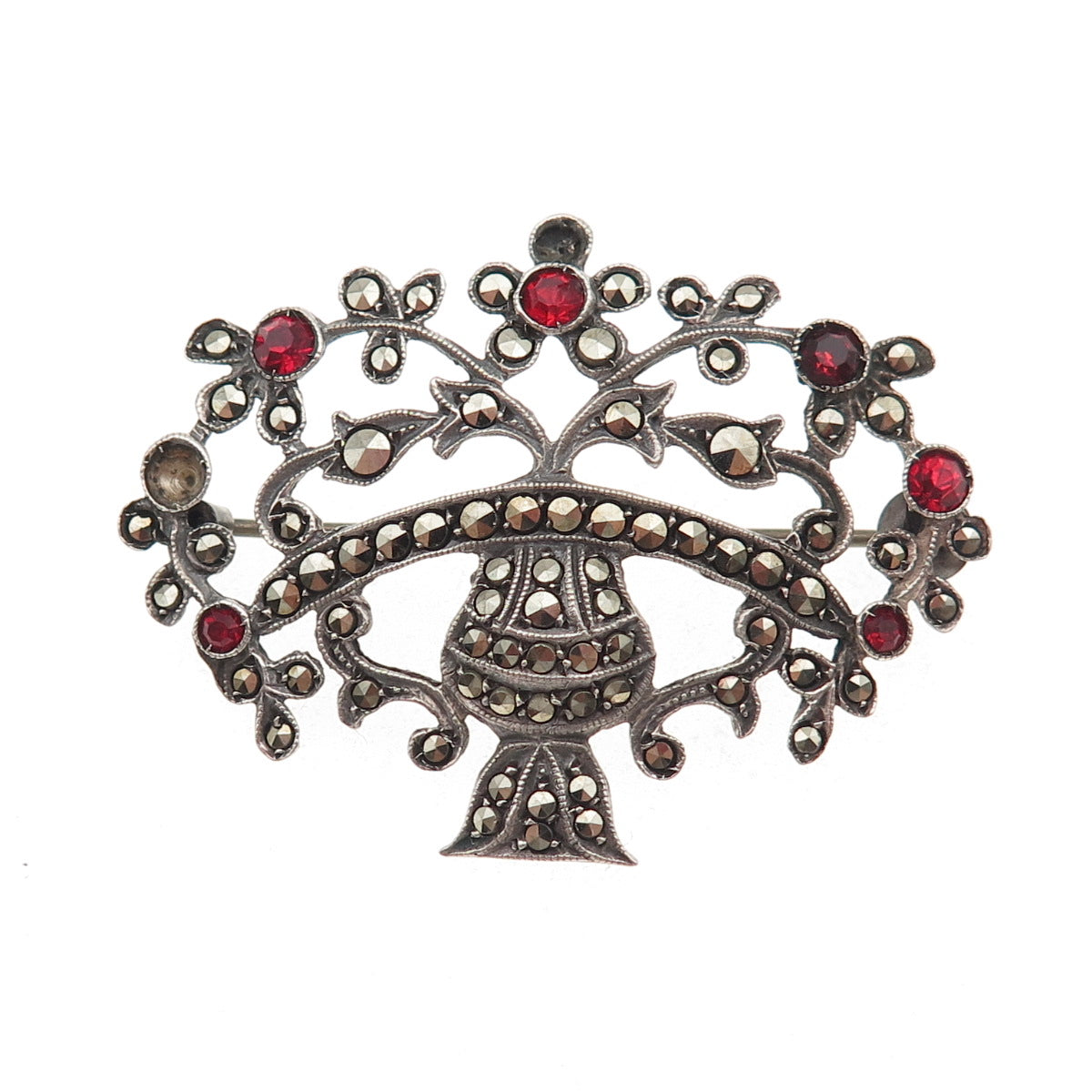 830S Silver Antique Germany Marcasite & Rhinestone Pin Brooch (missing 2 stones)