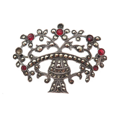 830S Silver Antique Germany Marcasite & Rhinestone Pin Brooch (missing 2 stones)