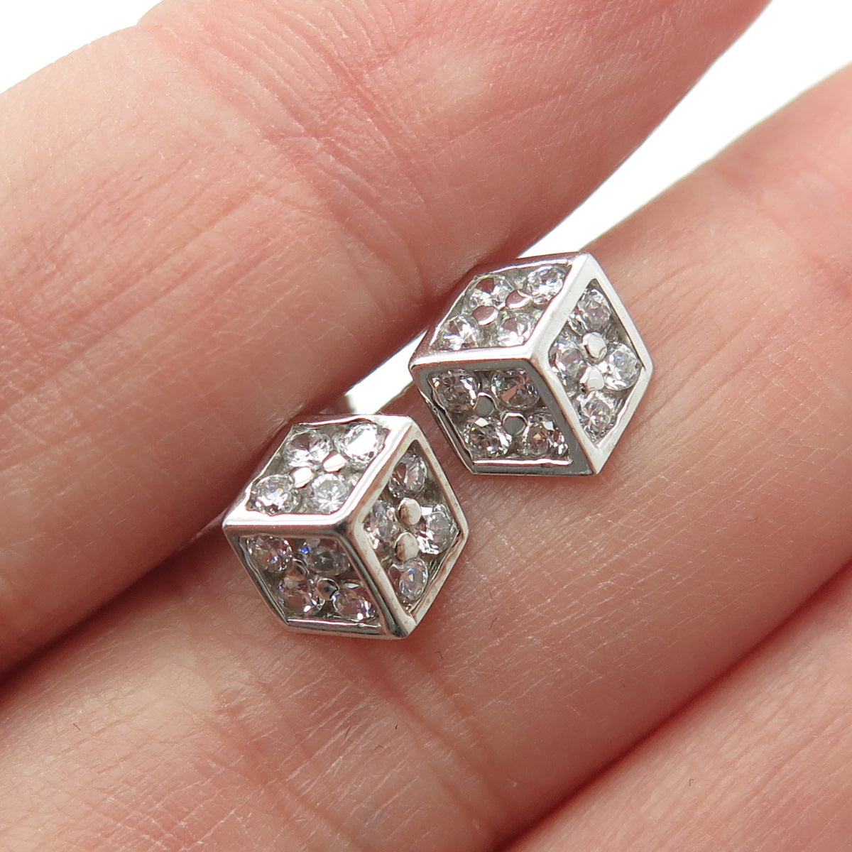 925 Sterling Silver Round-Cut C Z Cube Stud Earrings