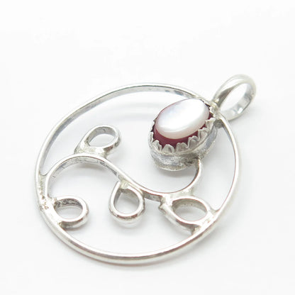 925 Sterling Silver Vintage Real Mother-of-Pearl Ornate Pendant
