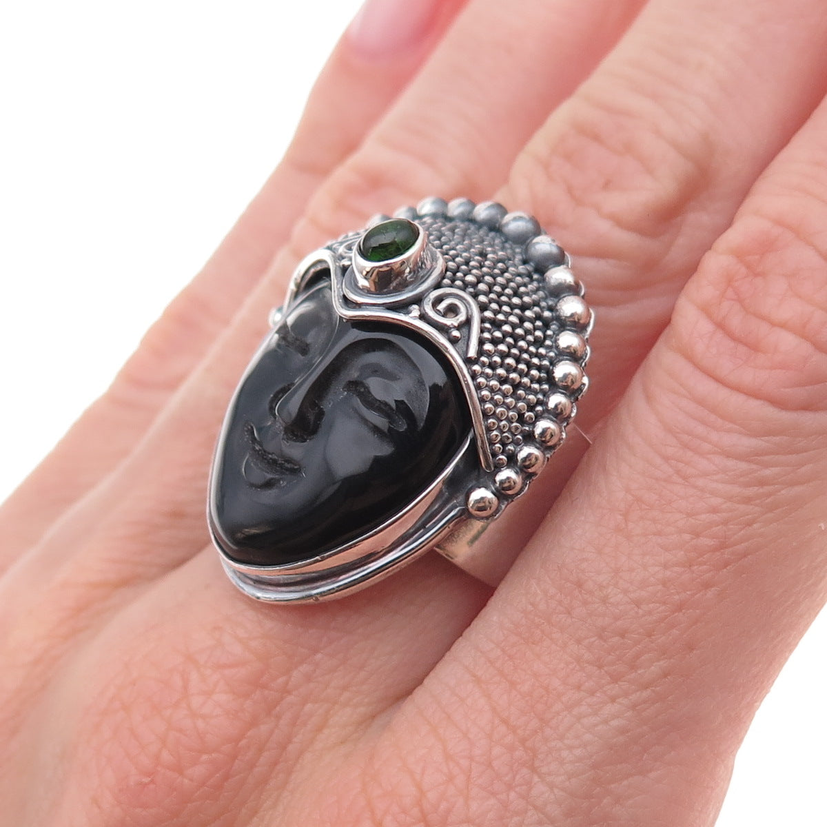 Sajen Sterling Silver Vintage Onyx & Tourmaline Goddess Adjustable Ring Size 8.5