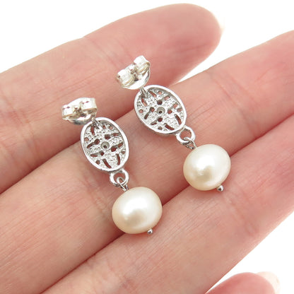 925 Sterling Silver Real Pearl & C Z Dangling Earrings