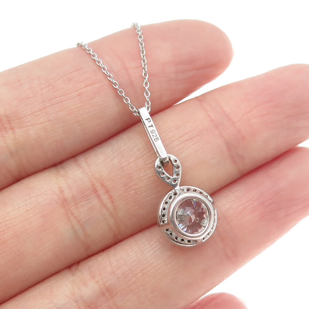 925 Sterling Silver Round-Cut Shaped C Z Pendant Cable Chain Necklace 18"