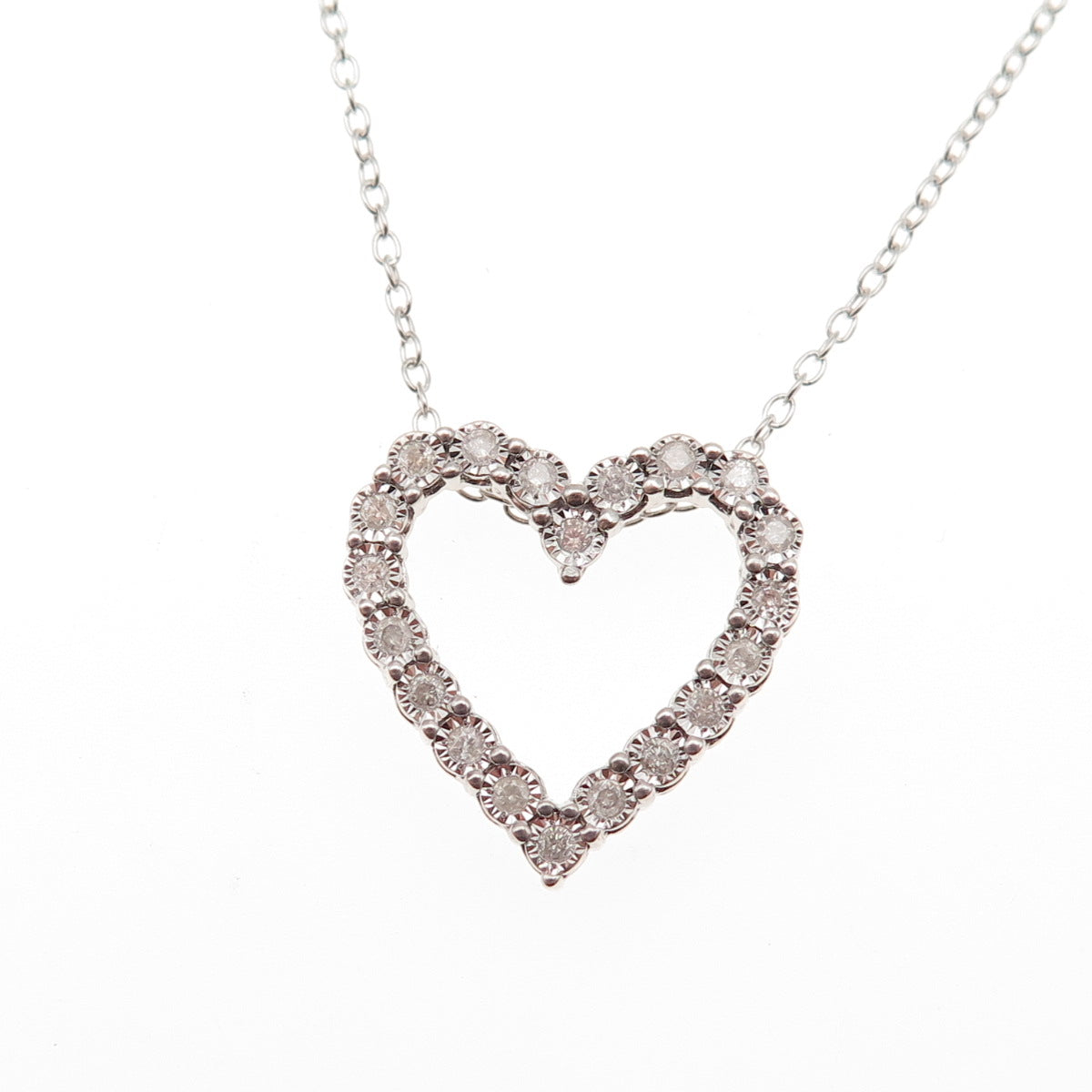 925 Sterling Silver Real Round-Cut Diamond Heart Cable Chain Necklace 18"