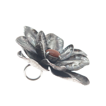 HECTOR SALGADO 950 Silver Vintage Mexico Sunstone Flower Oxidized Slide Pendant