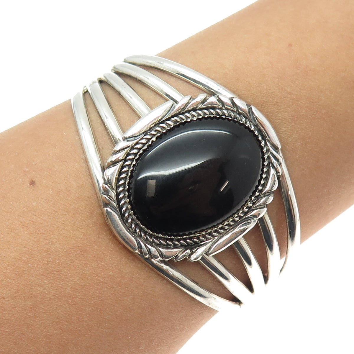 DN NAVAJO Old Pawn 925 Sterling Silver Vintage Black Onyx Adjustable Bracelet 7"