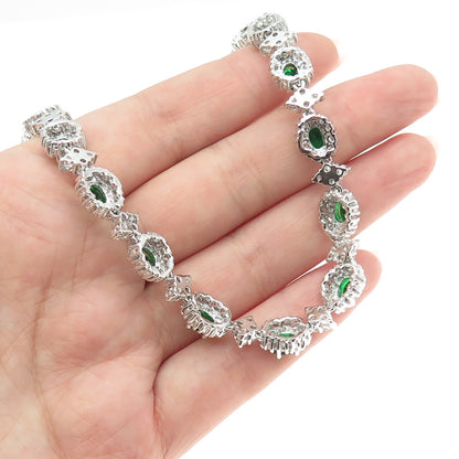 925 Sterling Silver Green & White C Z Bohemian Chain Necklace 16"