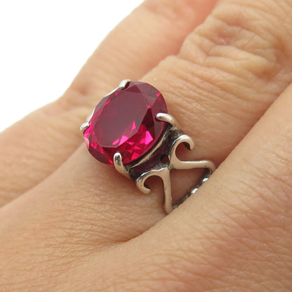 SHUBE 925 Sterling Silver Vintage Oval-Cut Lab-Created Ruby Ring Size 7.25