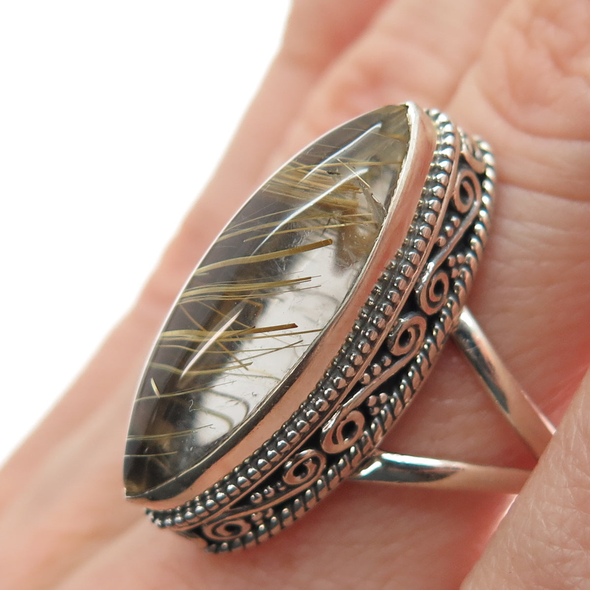 925 Sterling Vintage Real Marquise-Cut Rutilated Quartz Swirl Ring Size 7.25