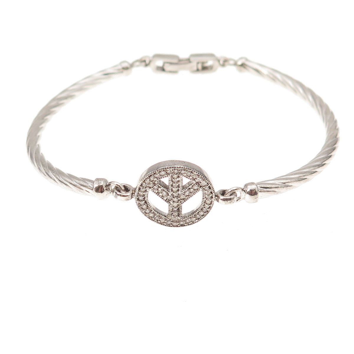 925 Sterling Silver Real Round-Cut Diamond Peace Symbol Bracelet 7"
