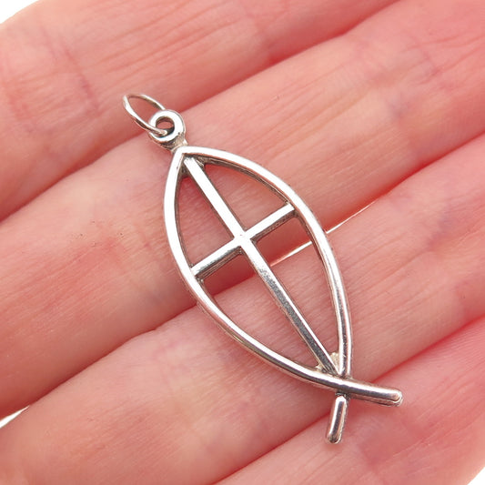 925 Sterling Silver Vintage Ichthus Cross Religious Charm Pendant