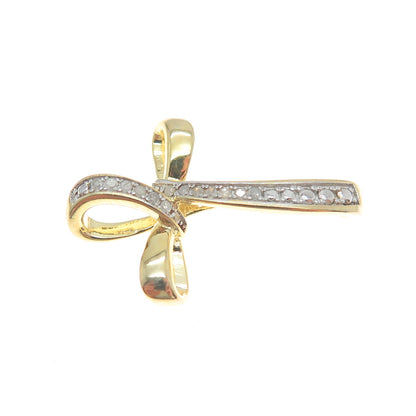 HAN 925 Sterling Silver Gold Plated Real Round-Cut Diamond Cross Mini Pendant