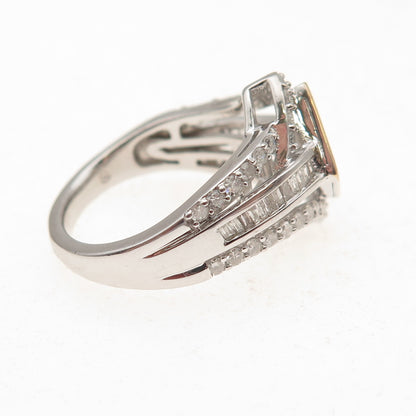 925 Sterling 14K Gold Real Round & Tapered Baguette-Cut Diamond Ring Size 7