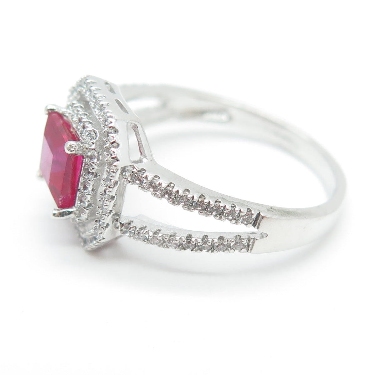 925 Sterling Silver Lab-Created Ruby & C Z Ring Size 9