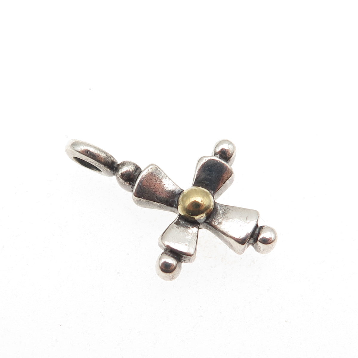 925 Sterling Silver 14K Gold Vintage Modernist Cross Oxidized Charm Pendant