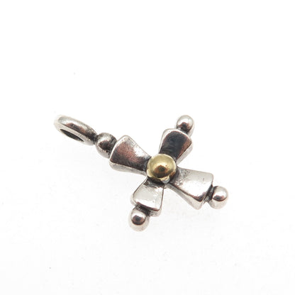 925 Sterling Silver 14K Gold Vintage Modernist Cross Oxidized Charm Pendant