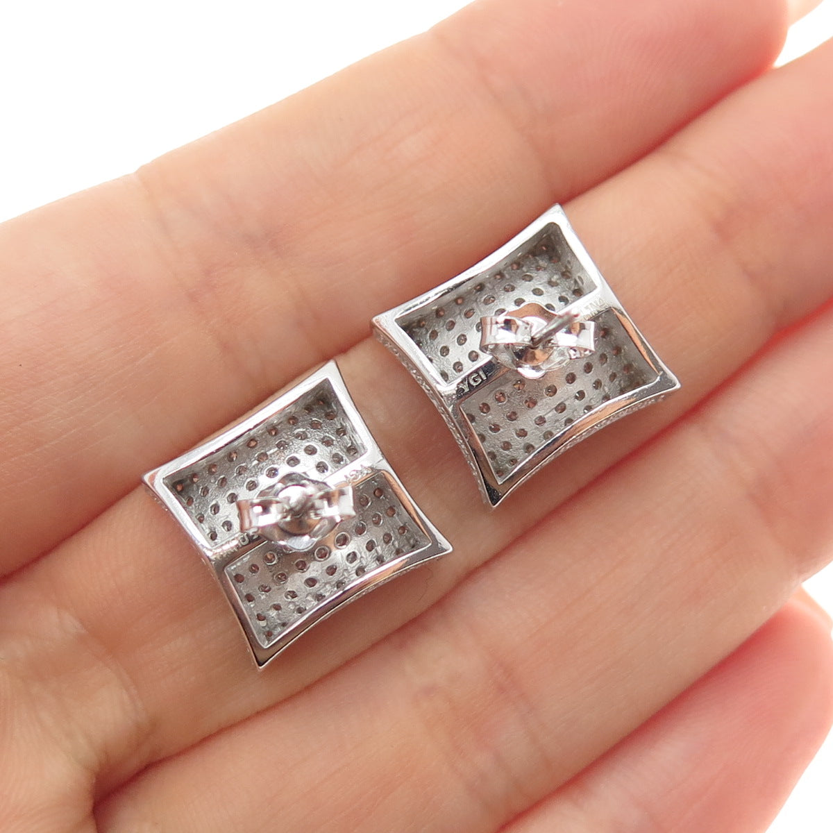 925 Sterling Silver Round-Cut C Z Arch Square Stud Earrings