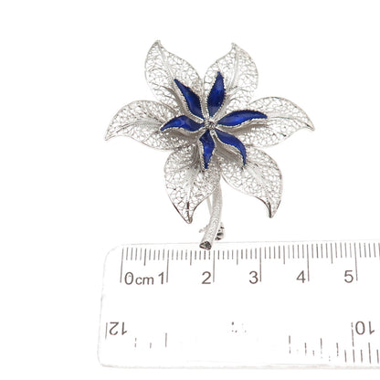 Van Lou 925 Sterling Silver Vintage Enamel Floral Filigree Pin Brooch