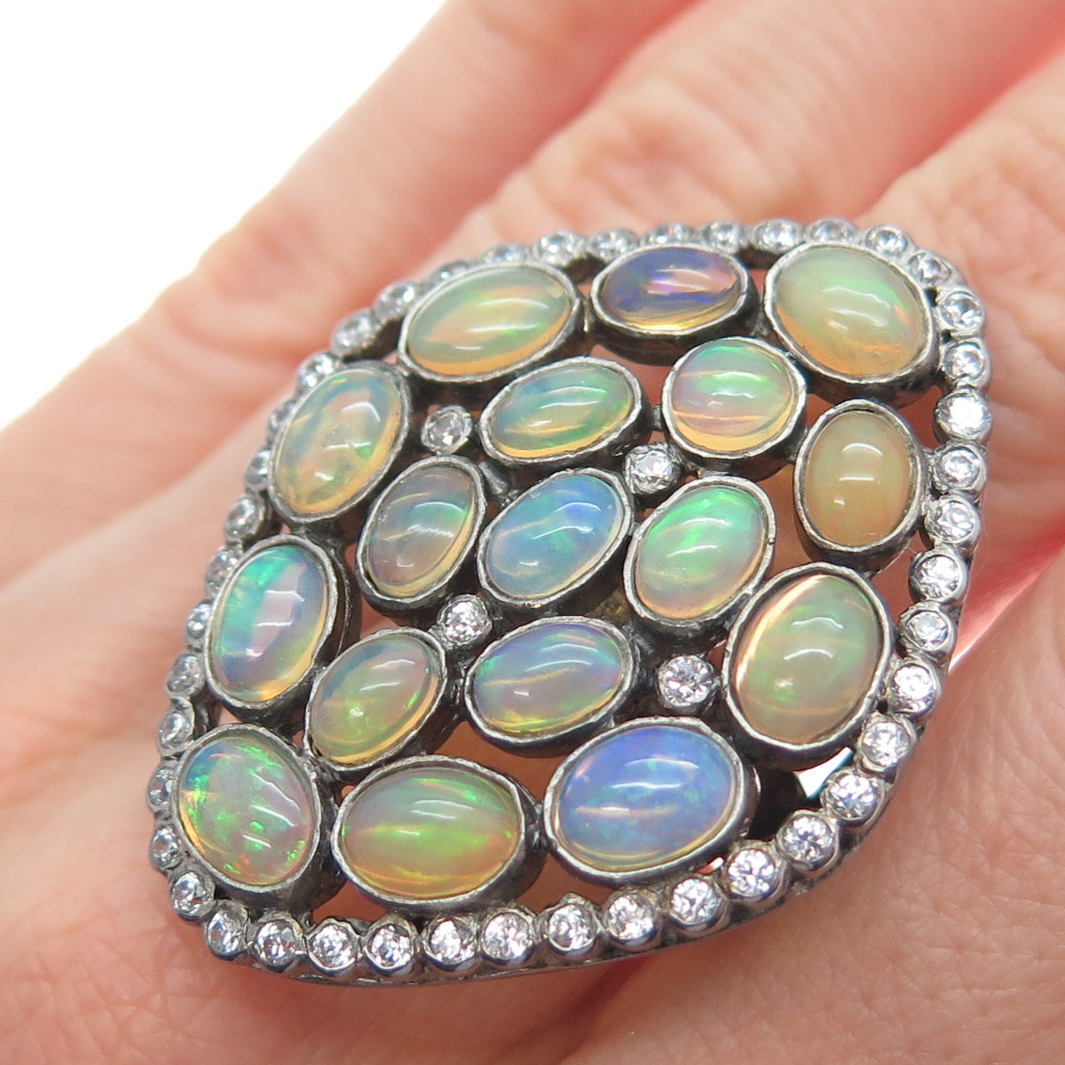 925 Sterling Silver Vintage Real Opal White Topaz Statement Oxidized Ring Size 7