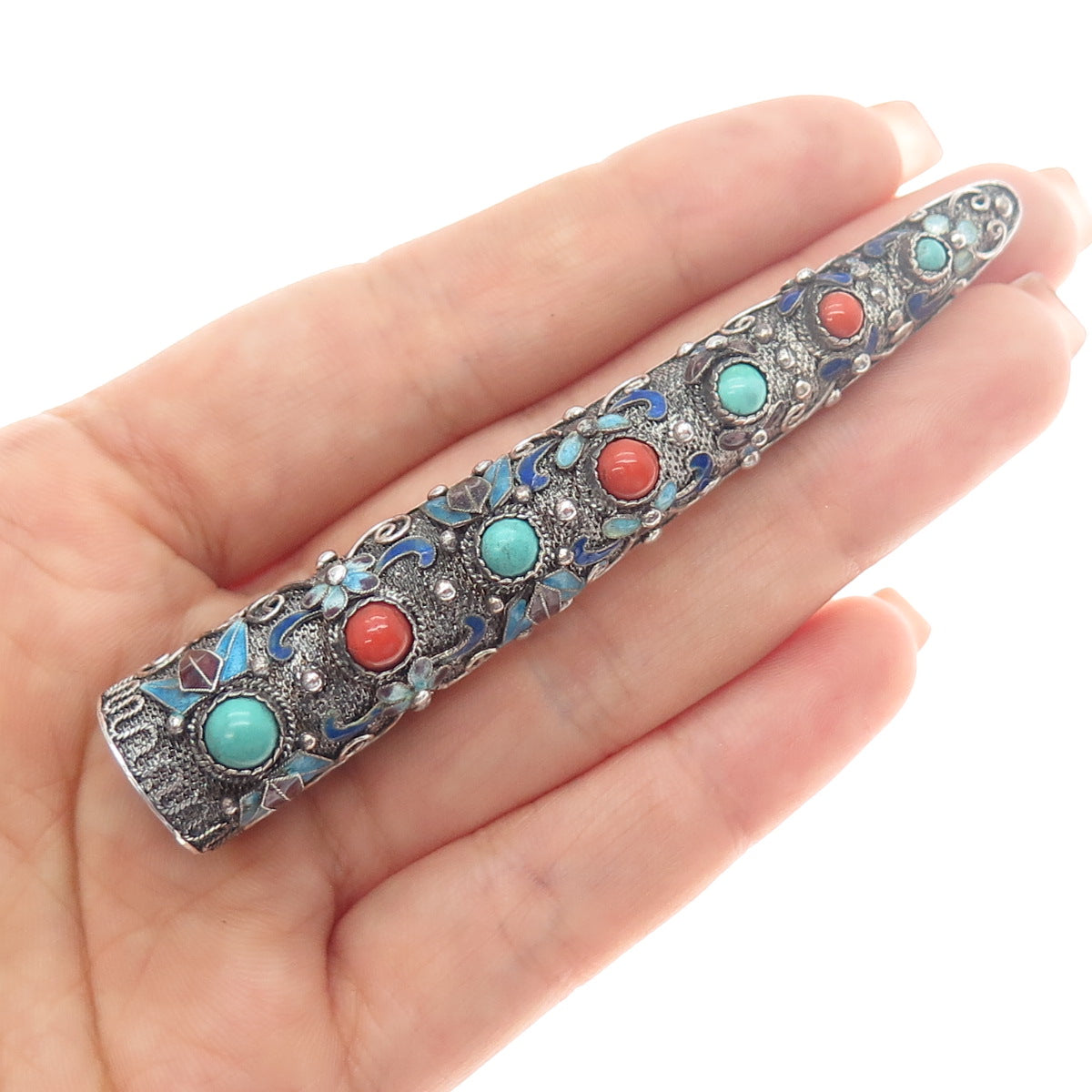 925 Sterling Antique China Enamel Turquoise & Coral Finger Nail Guard Pin Brooch