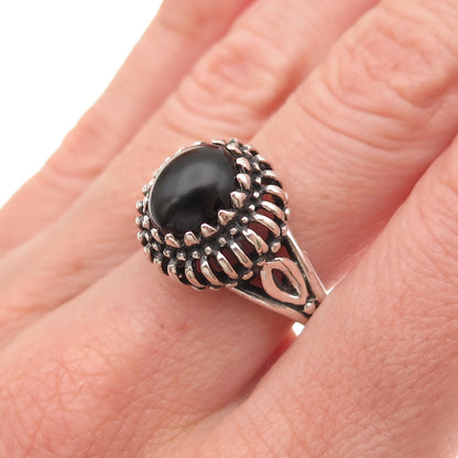 925 Sterling Silver Vintage Real Black Onyx Modernist Oxidized Ring Size 7.75