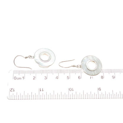 925 Sterling Silver Vintage Real Mother-of-Pearl Disc Dangle Earrings