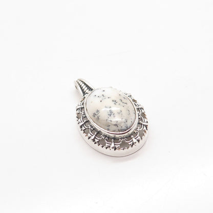 925 Sterling Silver Vintage Real Dendritic Agate Gemstone Oval Pendant