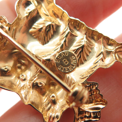 BEAU 925 Sterling Silver Gold Plated Vintage Dog Twins Repousse Pin Brooch