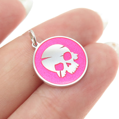 925 Sterling Silver Pink Enamel Skull Round Tag Minimalist Charm Pendant