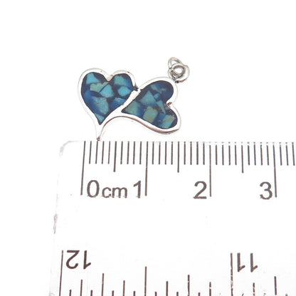 Old Pawn 925 Sterling Silver Vintage Turquoise Inlay Couple Heart Charm Pendant