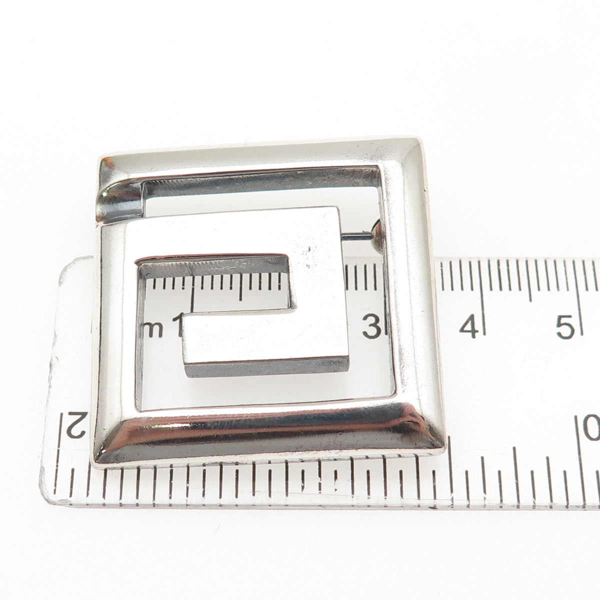 925 Sterling Silver Vintage Modernist Spiral Square Oxidized Pin Brooch