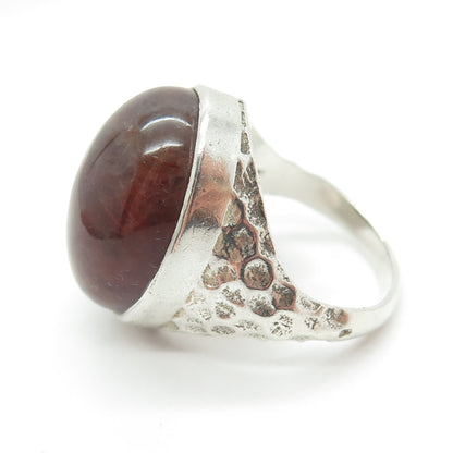 925 Sterling Silver Vintage Real Cabochon Agate Hammered Ring Size 7