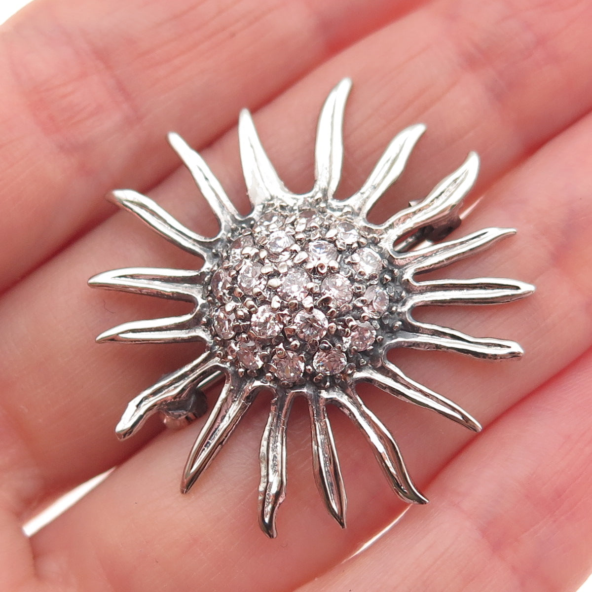 925 Sterling Silver Vintage Round-Cut C Z Modernist Floral Oxidized Pin Brooch