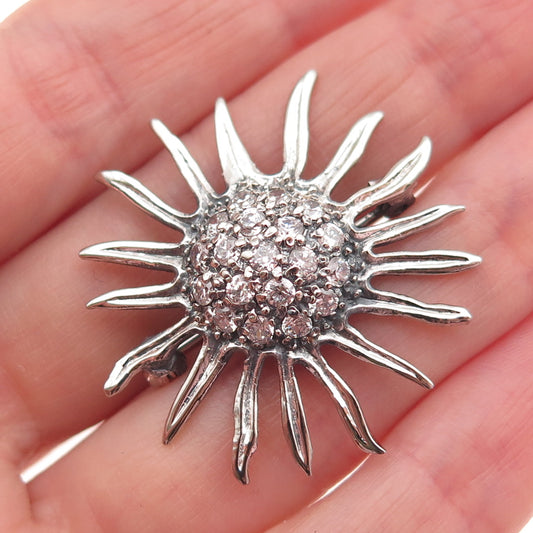 925 Sterling Silver Vintage Round-Cut C Z Modernist Floral Oxidized Pin Brooch