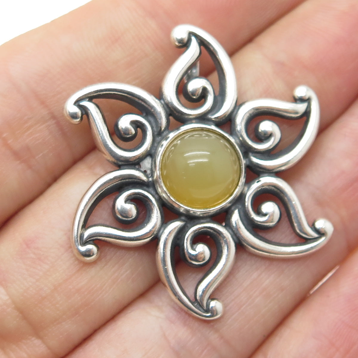 JAMES AVERY 925 Sterling Silver Vintage Real Yellow Jade Gemstone Flower Pendant