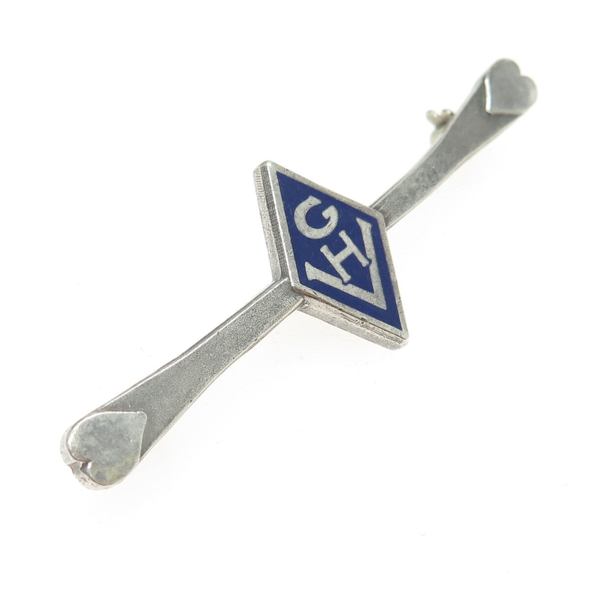 925 Sterling Silver Vintage Blue Enamel "GH" Initial Pin Brooch