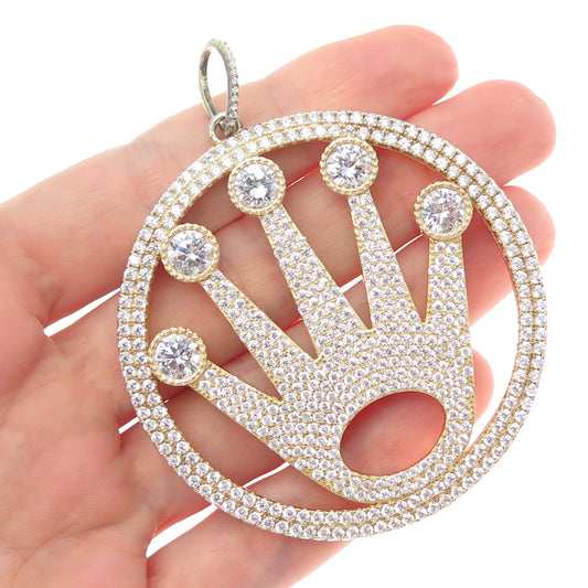 925 Sterling Silver Gold Plated Round-Cut C Z Sparkle Crown Large Pendant