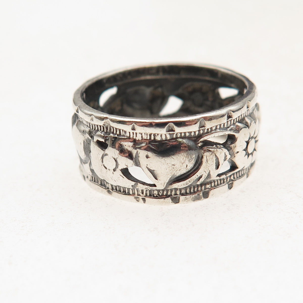 925 Sterling Silver Antique Art Deco Floral Oxidized Band Ring Size 6.75