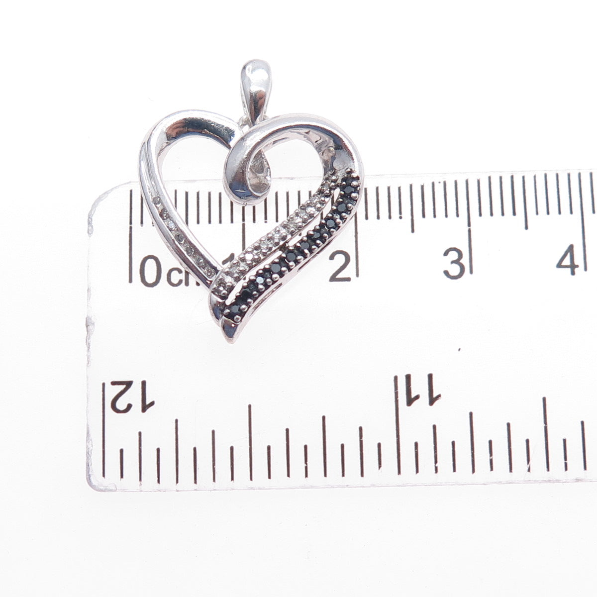 925 Sterling Silver Real Round-Cut Black & White Diamond Heart Charm Pendant