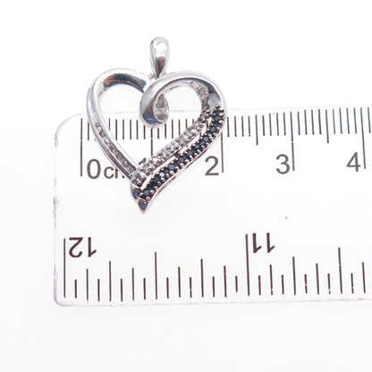 925 Sterling Silver Real Round-Cut Black & White Diamond Heart Charm Pendant