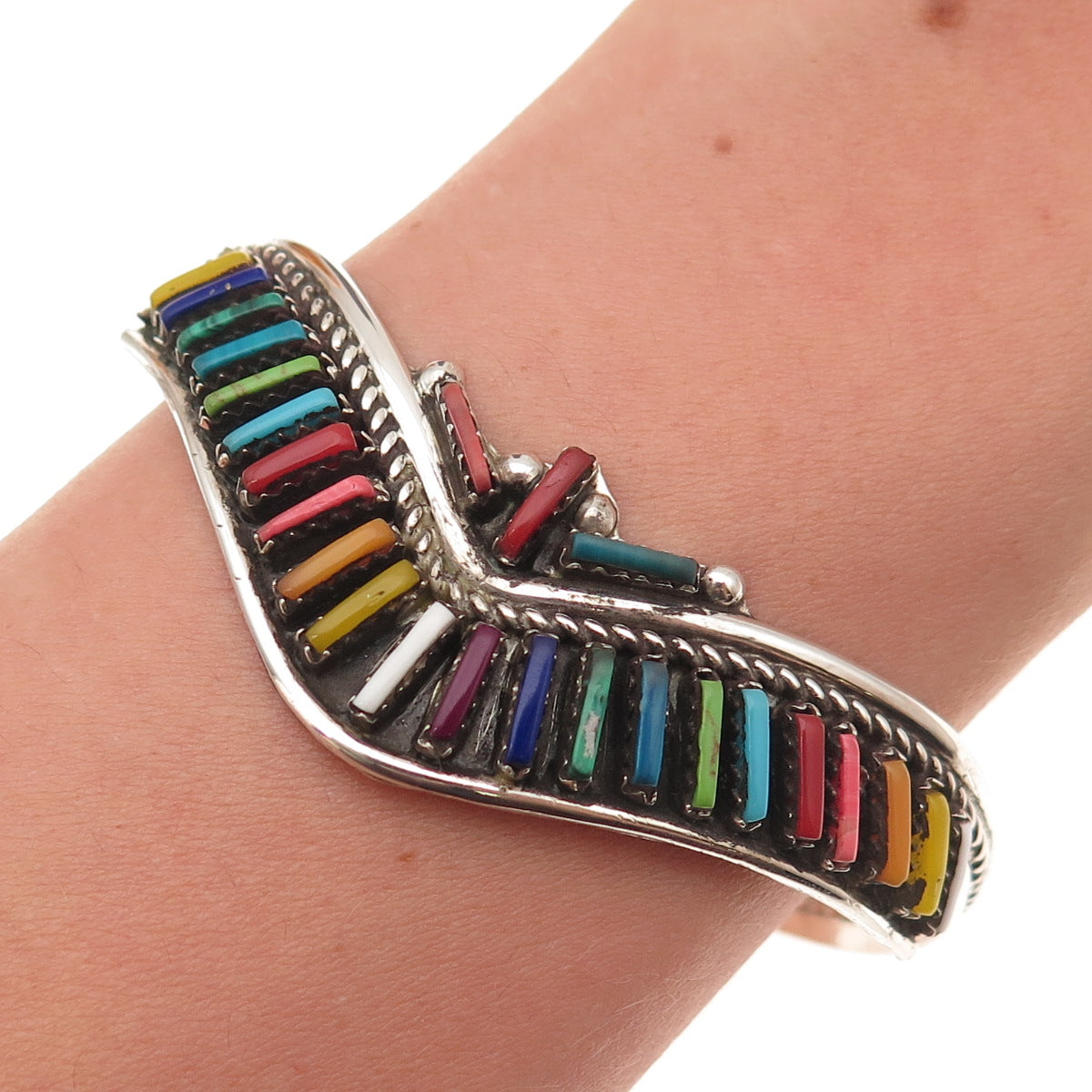 Helen Harrison Navajo Old Pawn Sterling Multi-Gem Bracelet 7" (missing 1 stone)