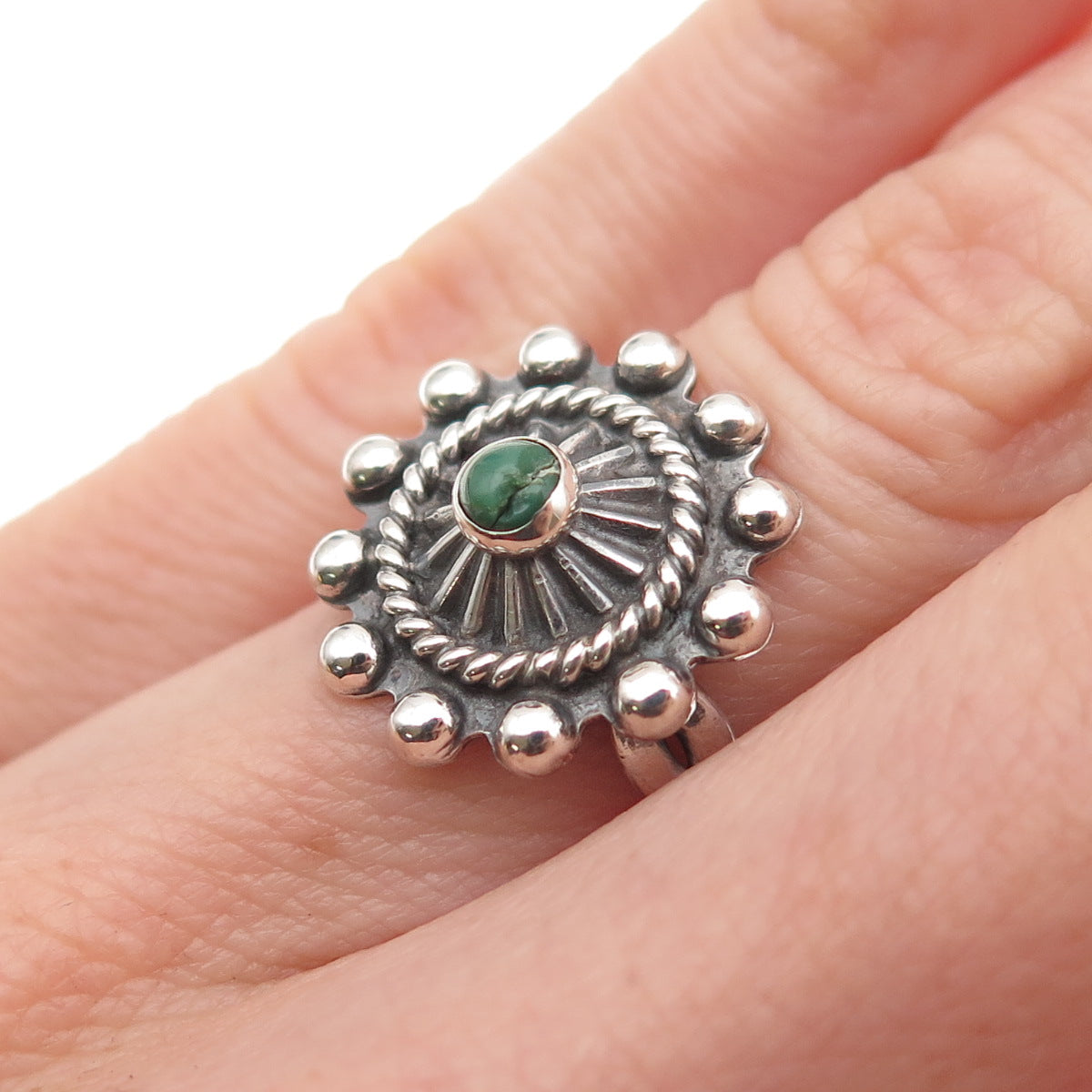 Old Pawn 925 Sterling Vintage Royston Turquoise Sun Beaded Tribal Ring Size 3.75