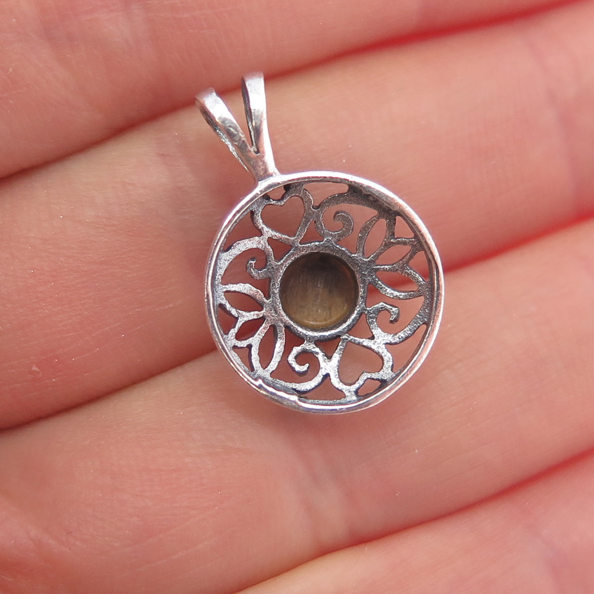 CHARLES WINSTON 925 Sterling Silver Vintage Real Tiger Eye Ornate Charm Pendant