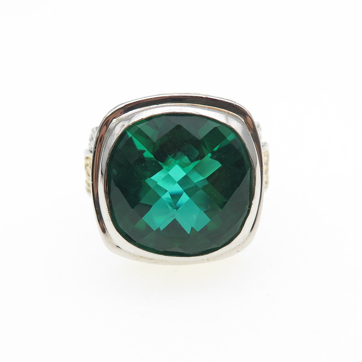 925 Sterling Silver 2-Tone Real Cushion-Cut Chrome Diopside Ring Size 6.5