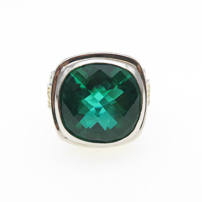 925 Sterling Silver 2-Tone Real Cushion-Cut Chrome Diopside Ring Size 6.5